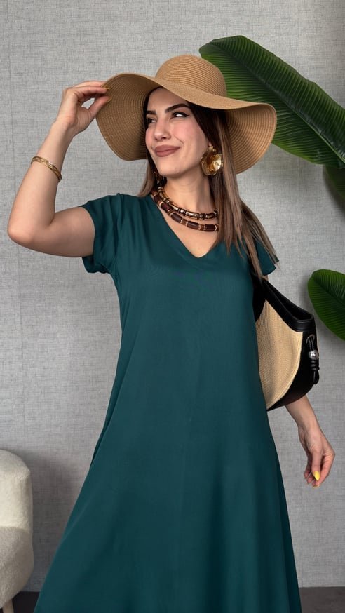 Kadın Kısa Kollu V Yaka Salaş Maxi Boy Elbise