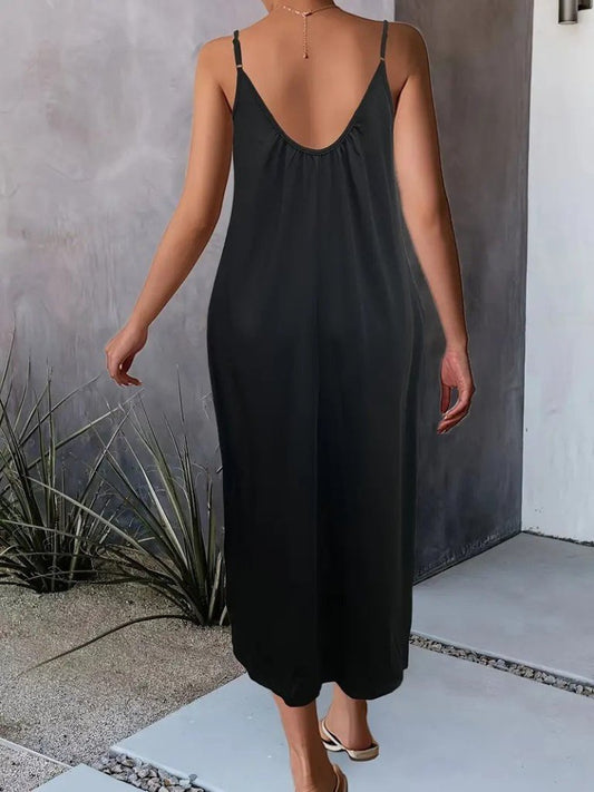 Kadın Ip Askılı Geniş V Yakalı Viskon Elbise