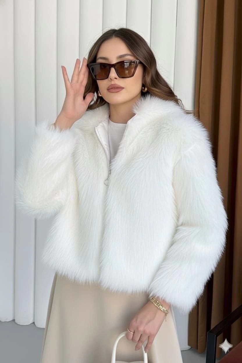 Fermuarlı kısa kürk beyaz t7746