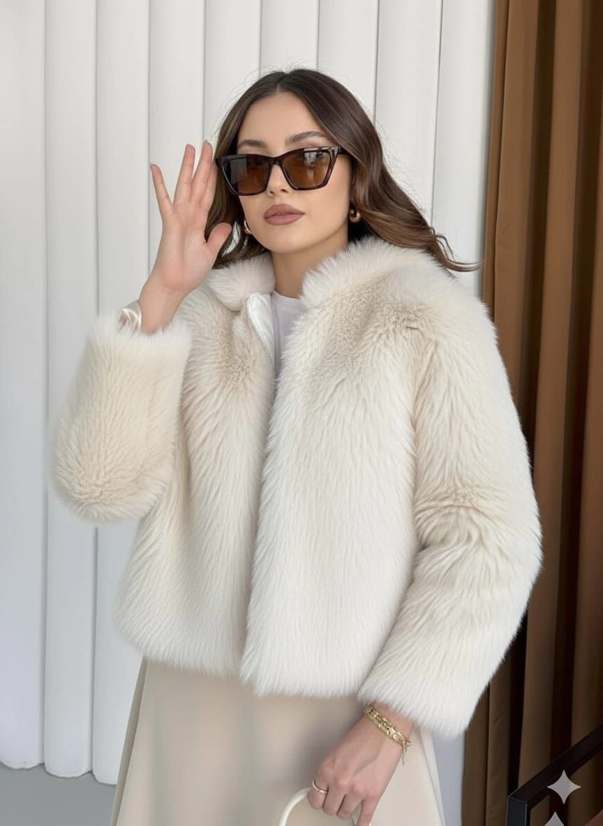 Fermuarlı kısa kürk siyah ekru t7746