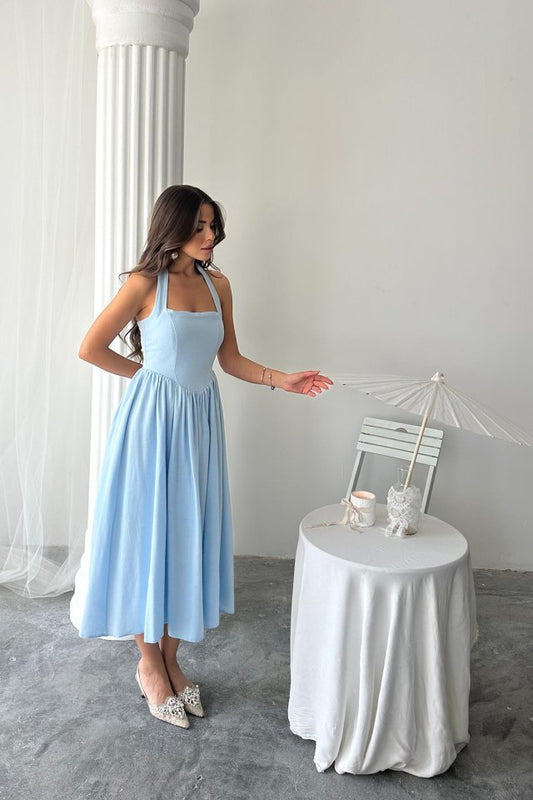 Mavi Boyundan Bağlamalı Keten Elbise