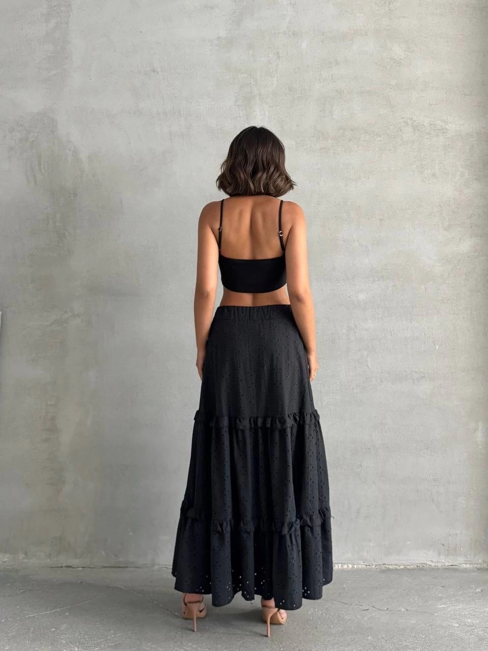 Fırfırlı brodeli astarlı uzun etek siyah s255047