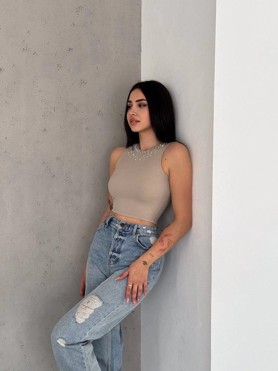 fitilli kaşkorse yakası zincirli atlet vizon