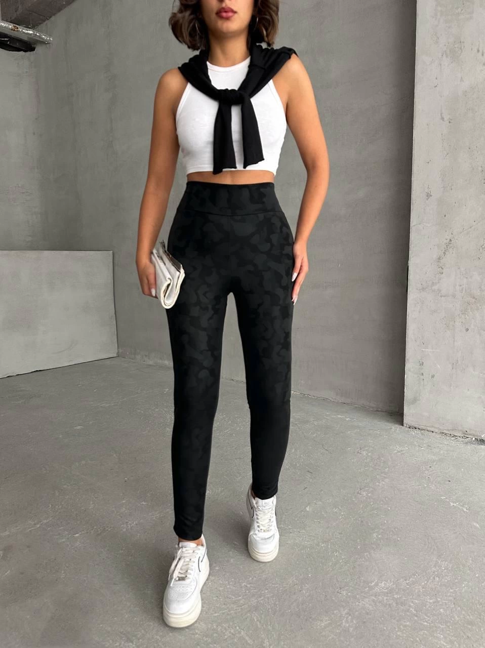 Gizli yan fermuarlı bulut desenli tayt siyah h248638