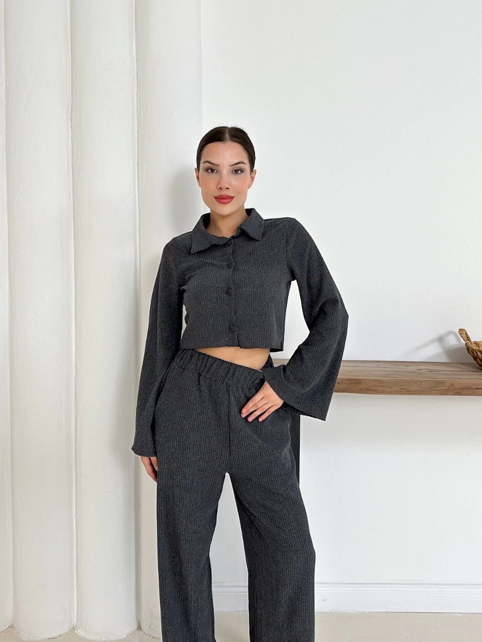 Gömlek yaka kaplama düğmeli takım antrasit st265866