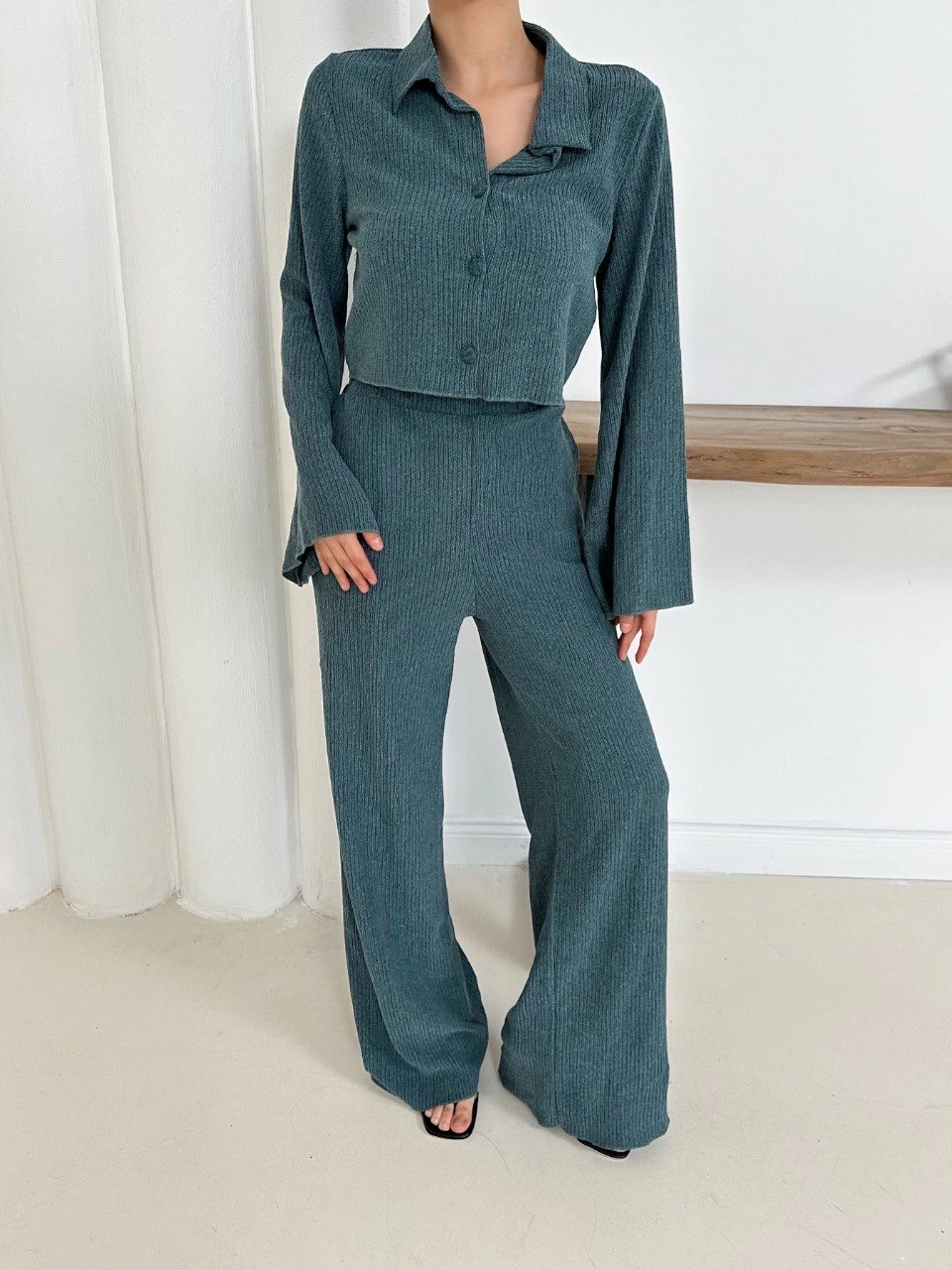 Gömlek yaka kaplama düğmeli takım petrol yeşili st265866