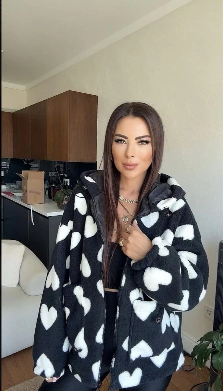 Kalpli peluş ceket içi astarlı siyahbeyaz