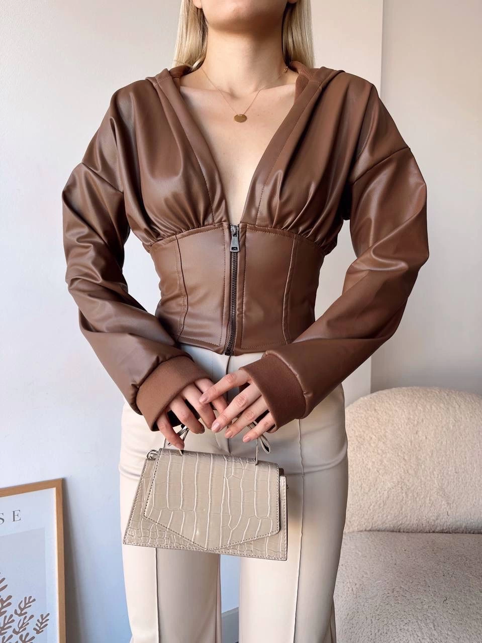 Kapşonlu yarım fermuarlı ceket kahve h24116