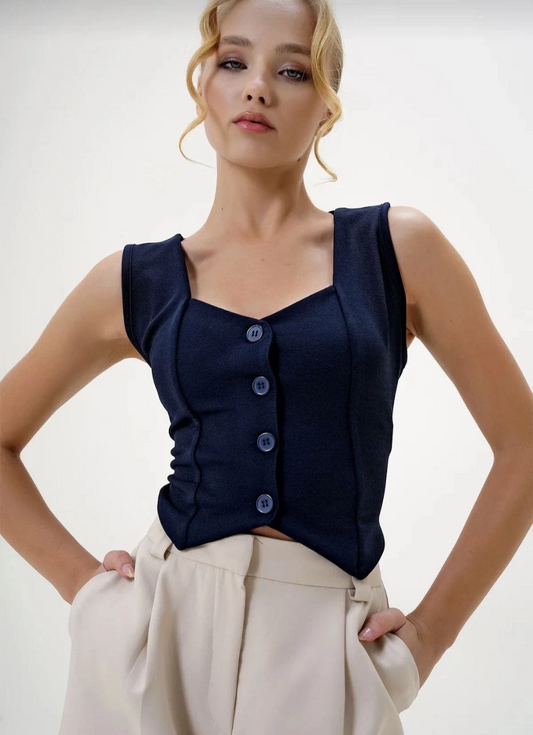 Krep kumaş düğmeli yelek lacivert s3395
