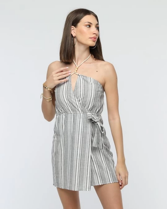 Kuşaklı çizgili mini keten elbise
