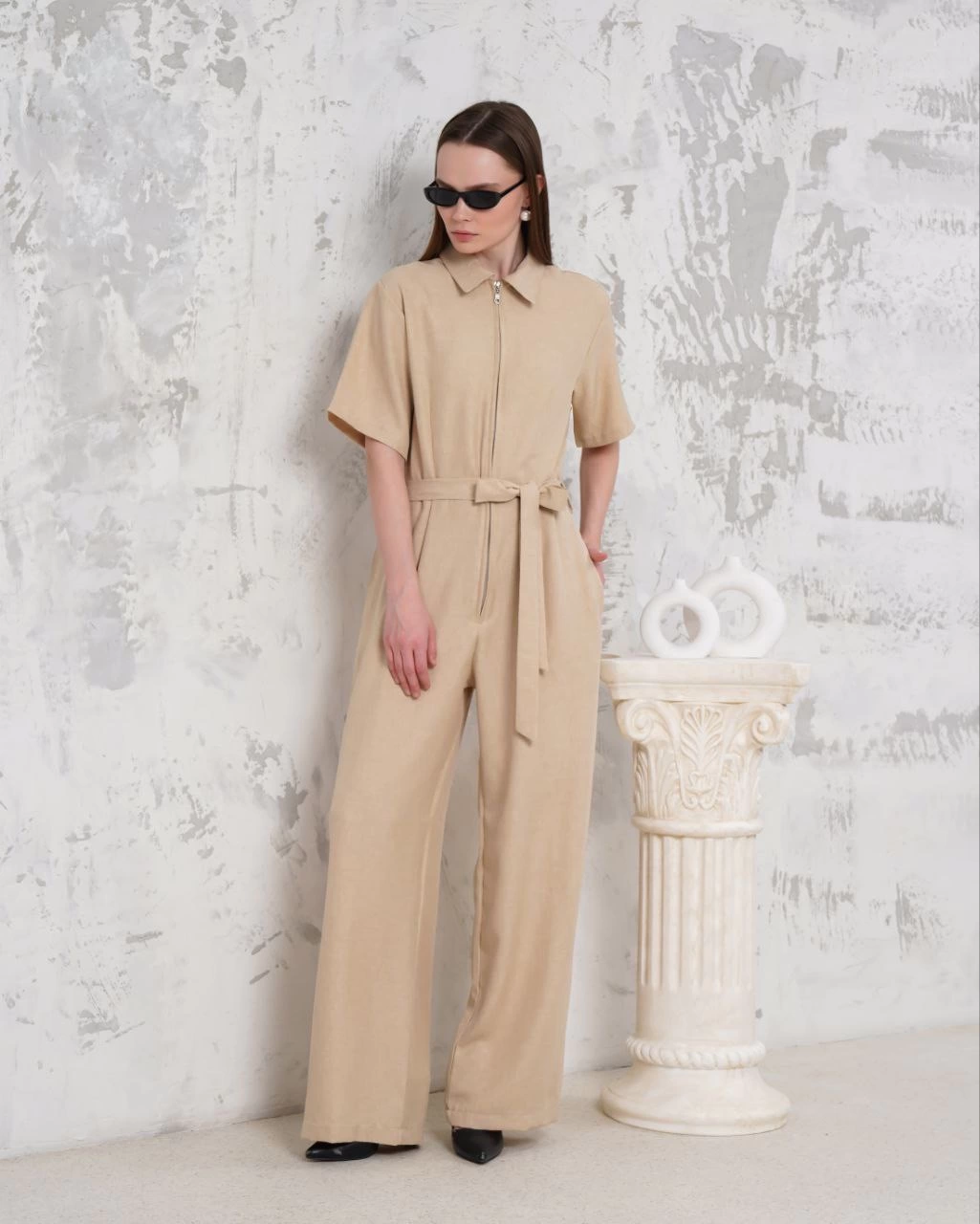 Kuşaklı gömlek yaka salaş tulum bej s255822