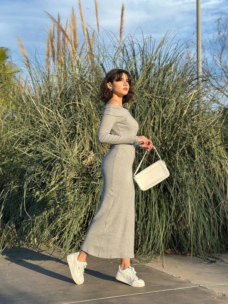 Madonna yaka uzun elbise şardonlu kumaş gri w3753