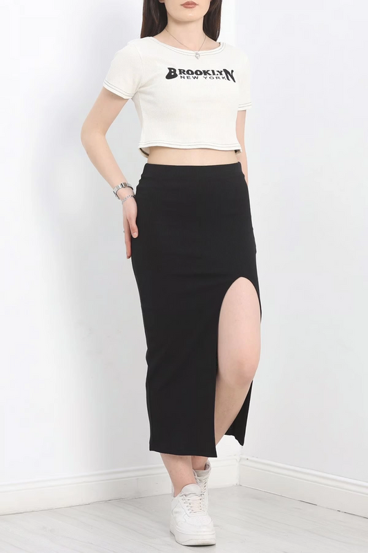 Nakışlı etekli takım siyah beyaz s3899