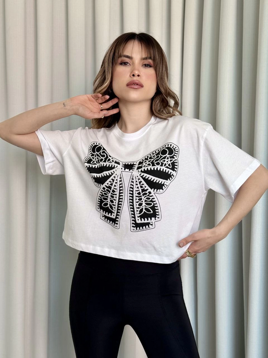 Oversize Beyaz baskılı crop tişört