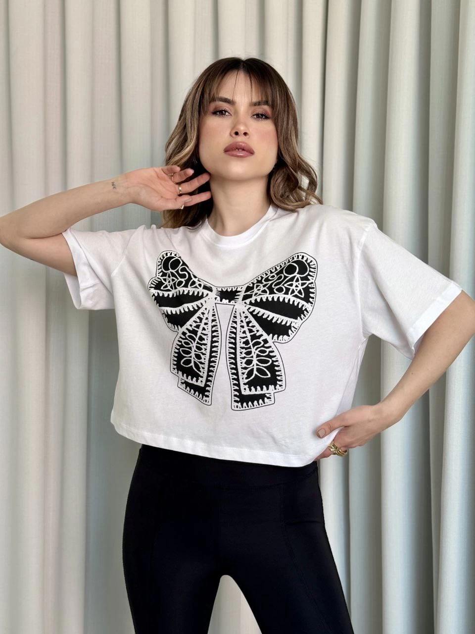 Oversize Beyaz baskılı crop tişört