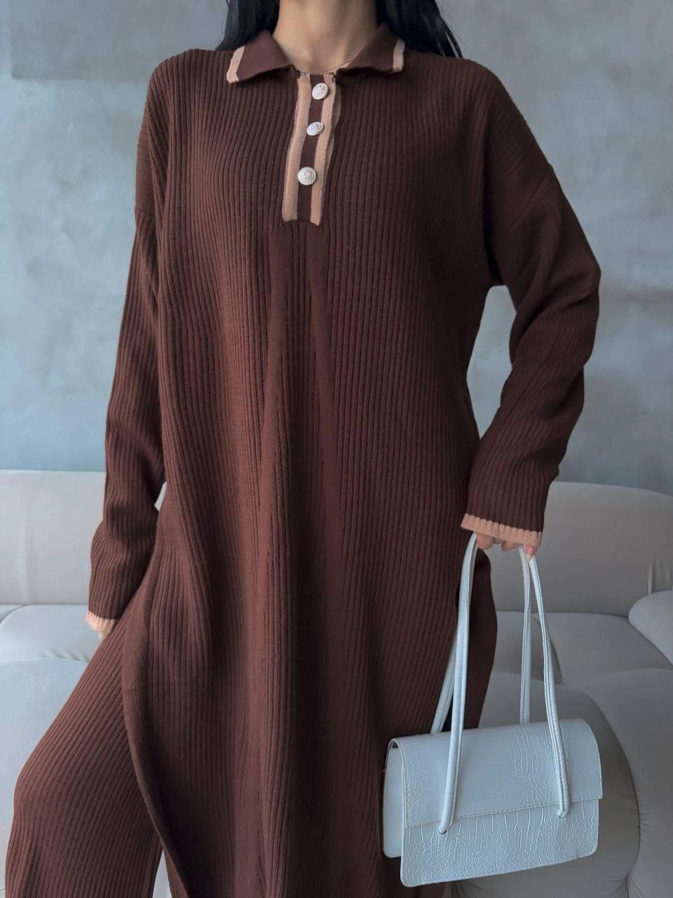 Pantolon yırtmaçlı elbise ikili triko takım kahve elf