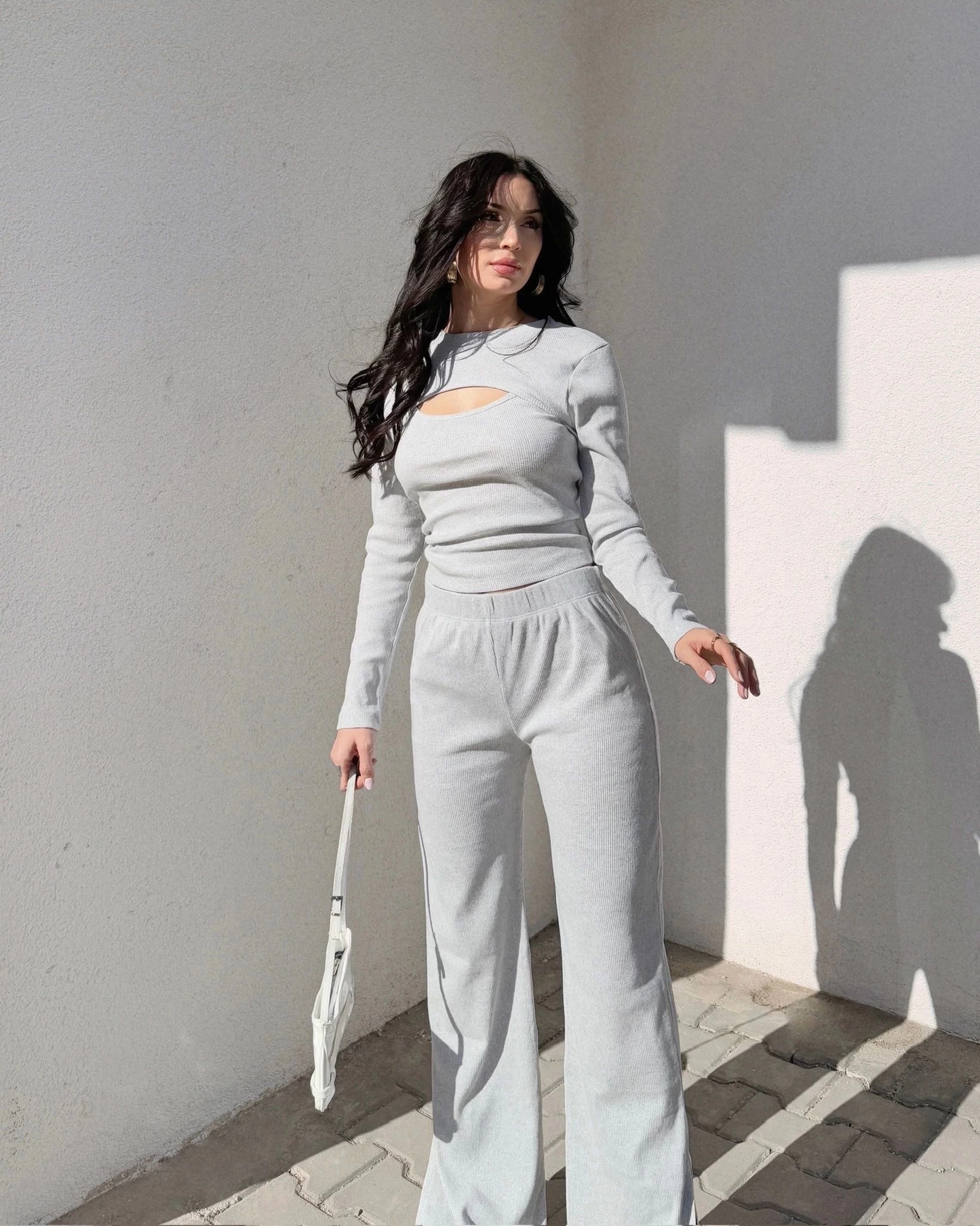 Pencereli detaylı alt üst takım gri w3864