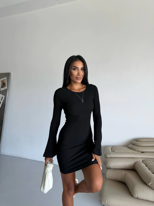 Prenses kol esnek kumaş elbise siyah f2334