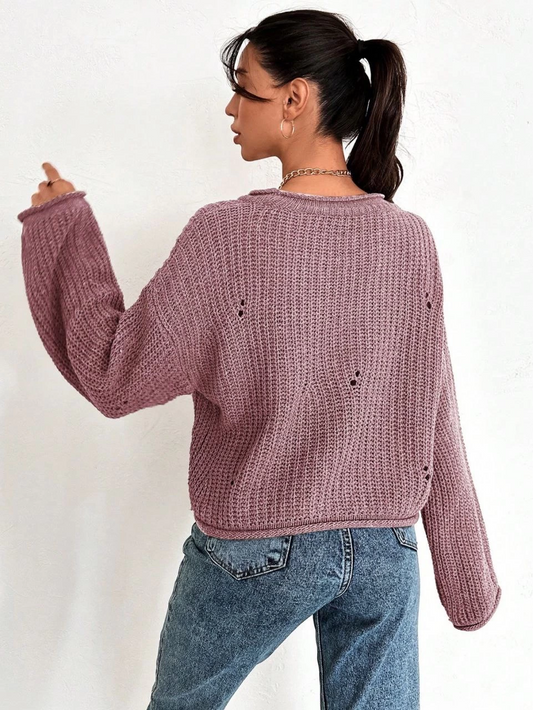 Salaş delik detaylı kazak pembe