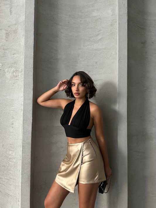 Taşlı şort etek deri gold h240018