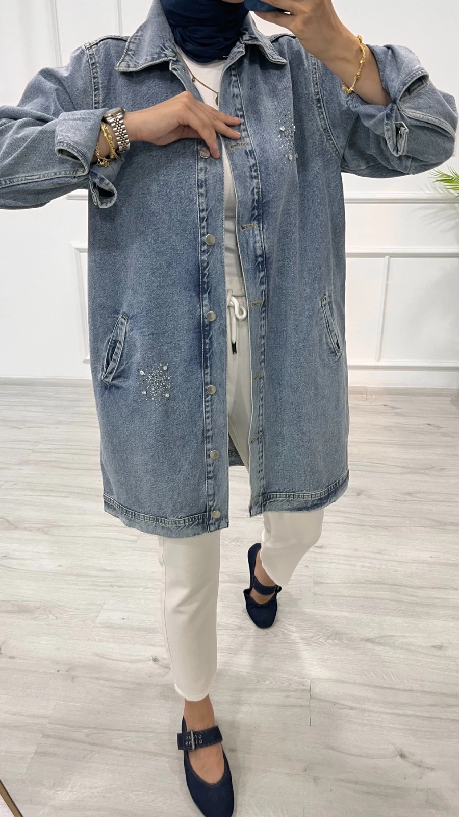 Taşlı tunik ceket kar yıkama orta mavi d2516