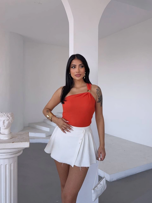 Tek omuzlu Otoman kumaş gold metal detaylı bluz s2311