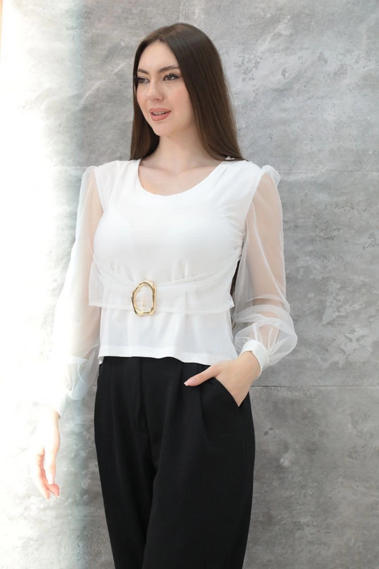 Tokalı tül kollu bluz beyaz t4071