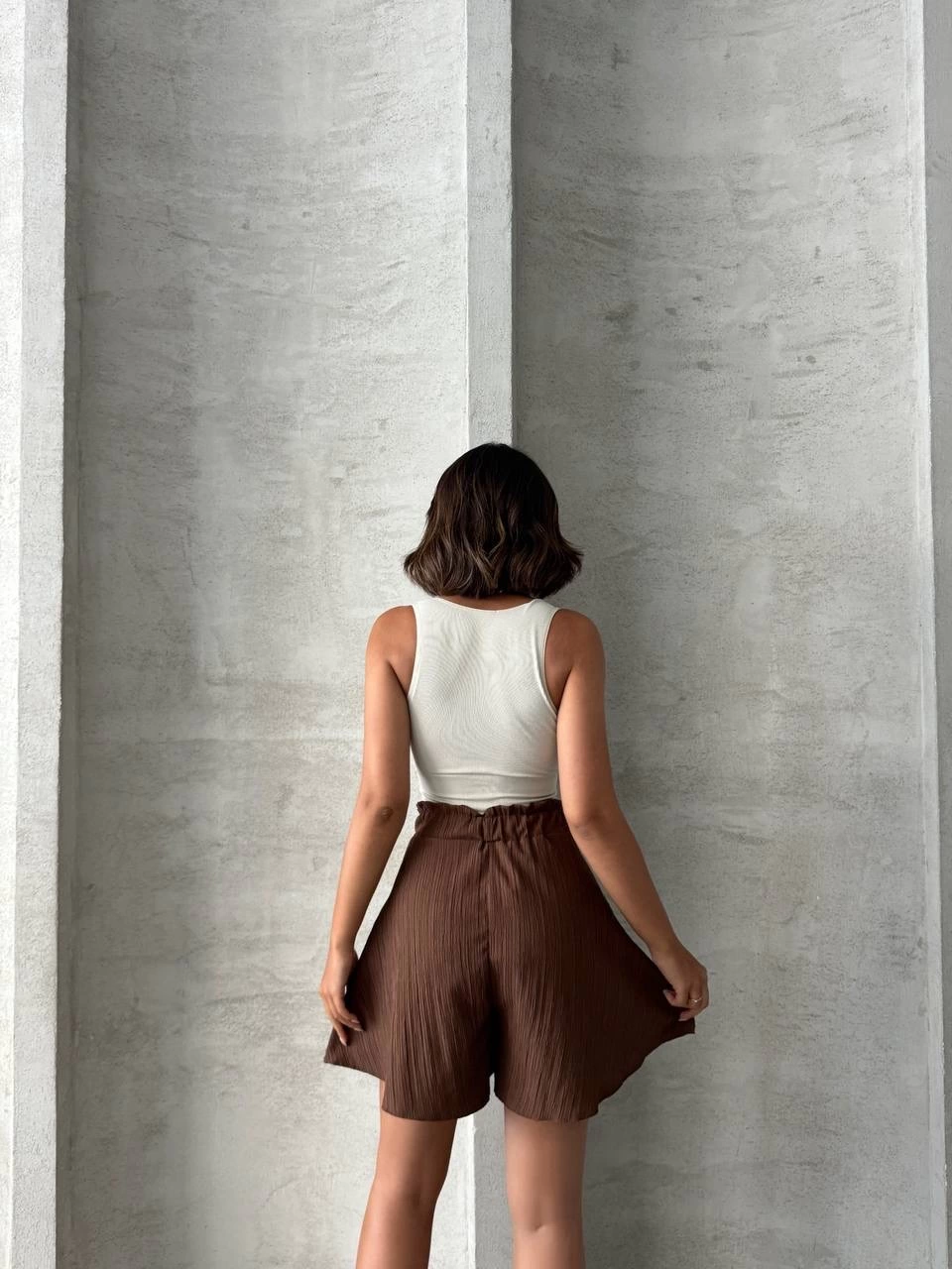 Volanlı keten şort kahve s255058