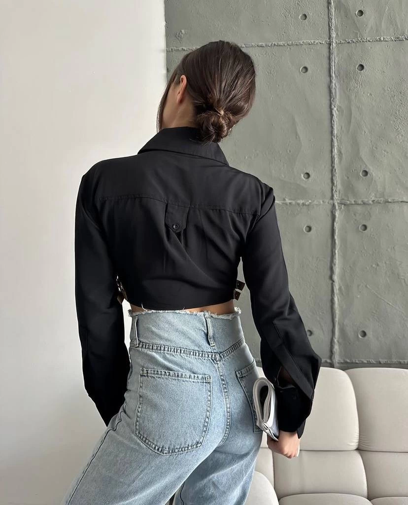 Yanı kemer detaylı crop gömlek siyah s4009