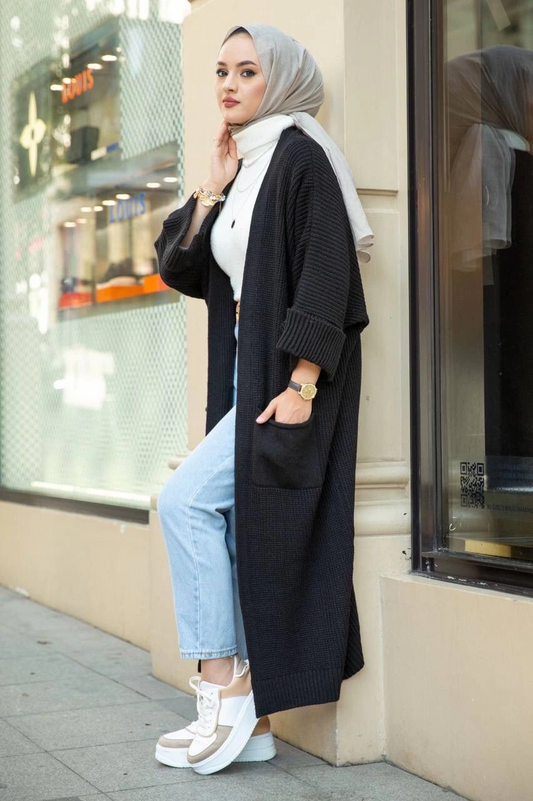 Yarasa kol uzun triko hırka siyah