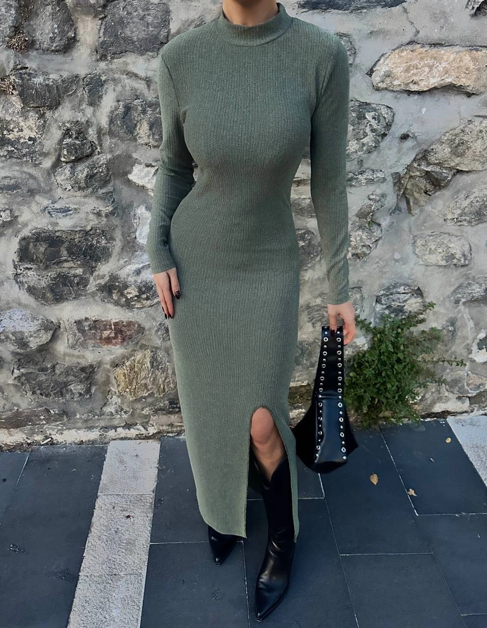 Yırtmaçlı kalın bürümcük uzun elbise Yeşil