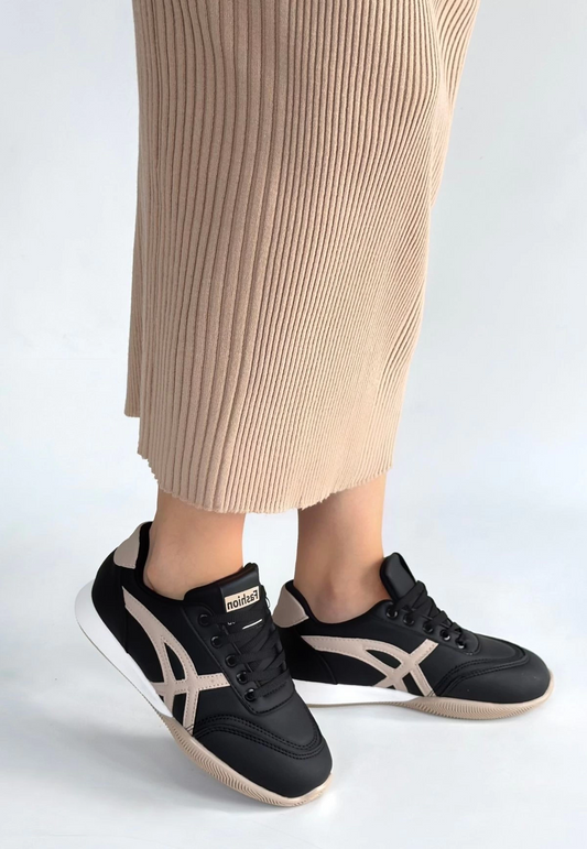 Zlay Siyah Cilt Bej Detaylı Bağcıklı Spor Ayakkabı