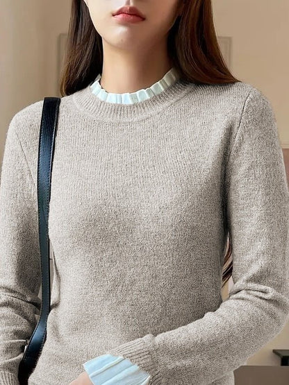 Kadın Uzun Kollu Fırfırlı Yakalı Triko Krem Bluz