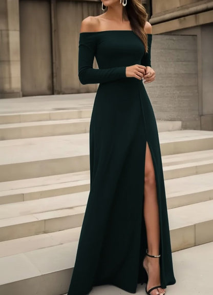 Kadın Uzun Kollu Madonna Yakalı Yırtmaç Detaylı Uzun Ithal Krep Elbise