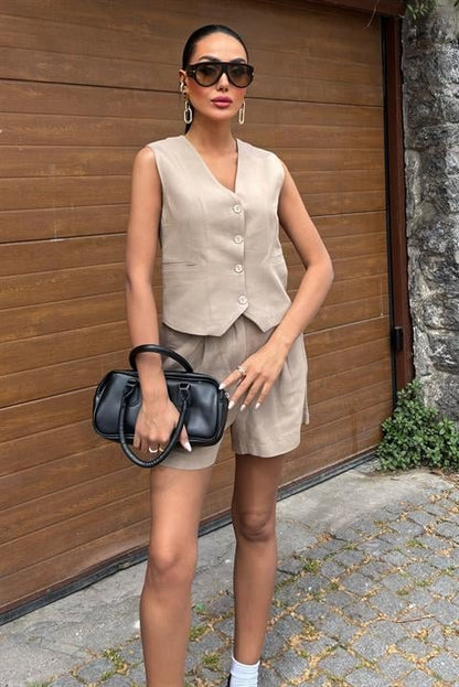 Yelek Şort Flamlı Keten Takım 10133-17