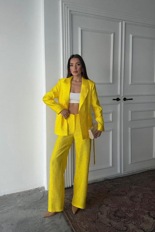 Neon Beli Kuşaklı Ceket Ve Pantolon Parlak Takım