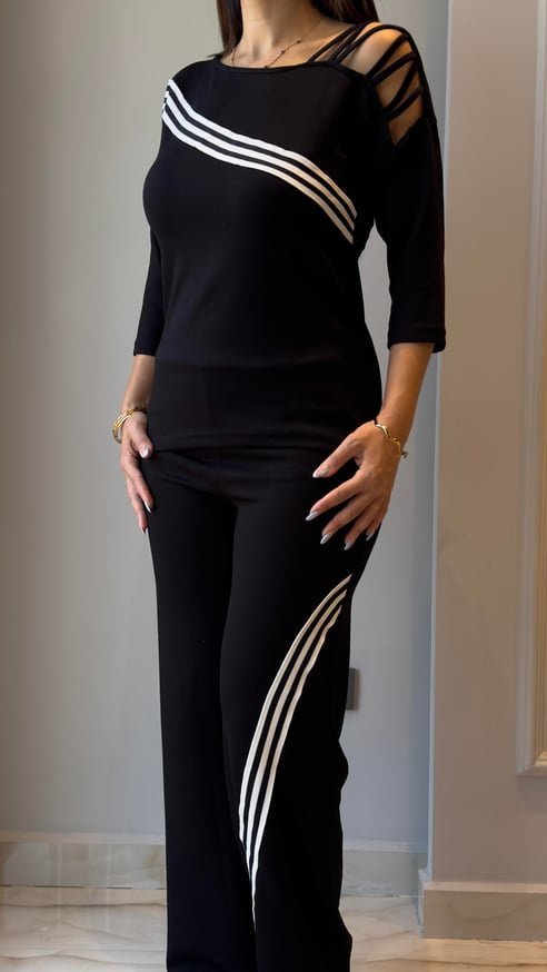 Kadın Uzun Kollu Truvakar Kol Tek Omuz çapraz şerit Detaylı Ribanalı Viskon Iki Iplik Bluz Ve Pantolon Ikili Takım
