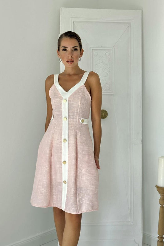 Pudra Ekru Süs Cepli Askılı Elbise