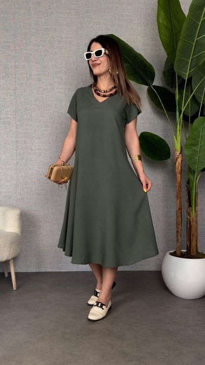 Kadın Kısa Kollu V Yaka Salaş Maxi Boy Elbise