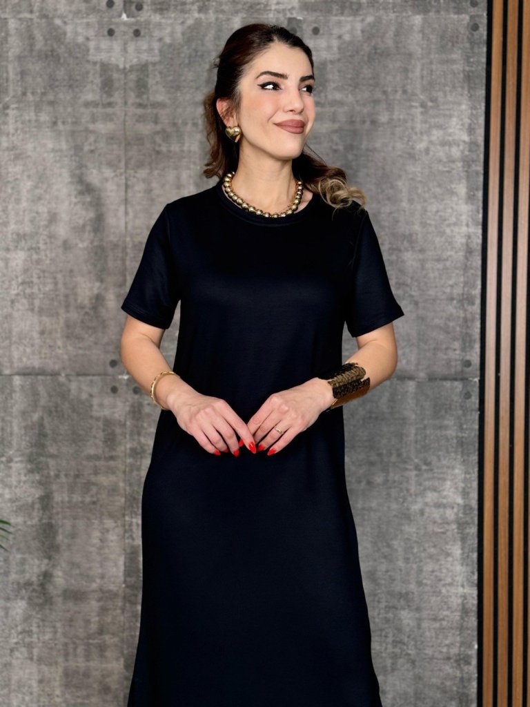 Kadın Kısa Kollu Bisiklet Yaka Yırtmaçlı Viskon Iki Iplik Elbise