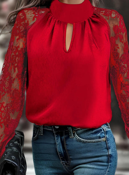 Kadın Uzun Kollu Göğüs Pencere Detay Yaka Boğazlı Kolları Tüllü Sandy Bluz