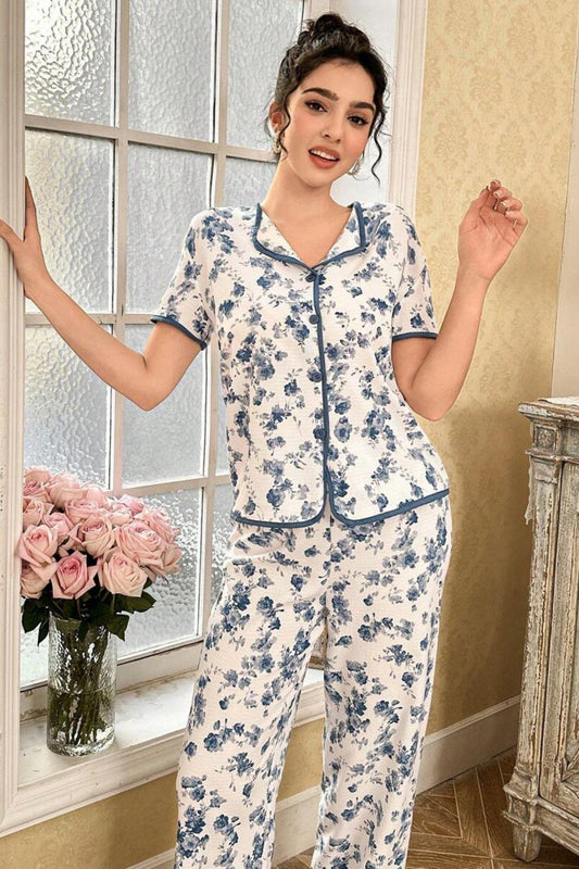 Mavi Çiçekli Düğme Detaylı Yazlık Pijama Takımı 7347