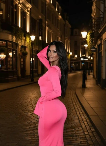 Kadın Uzun Kollu Kare Yaka Volanlı Manşet Detay Maxi Boy Elbise