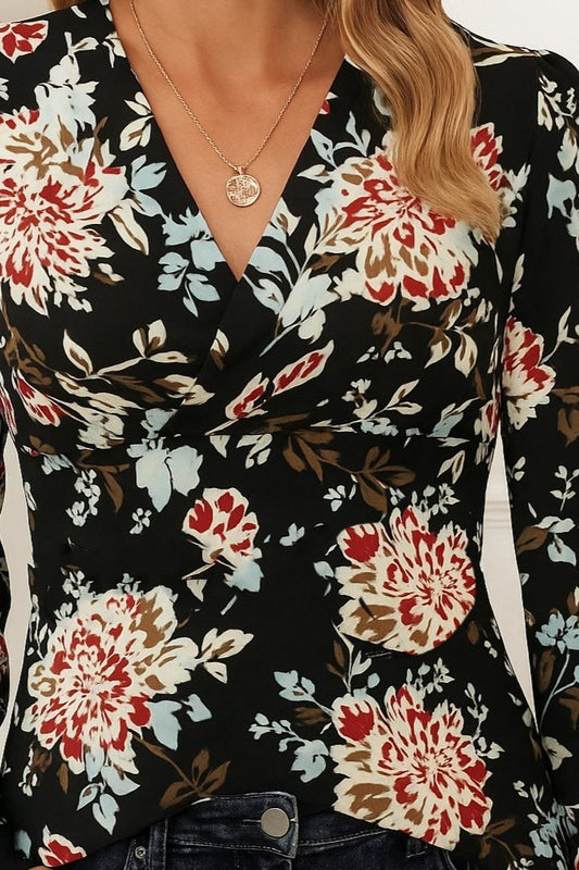 Kadın Uzun Kollu Kruvaze Yakalı Kelebek Desenli şardonlu Dalgıç Bluz