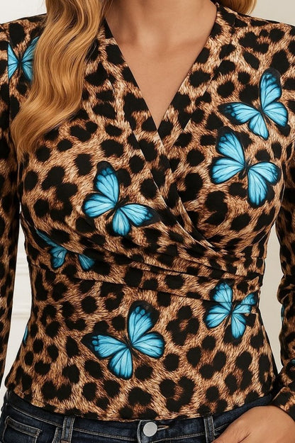 Kadın Uzun Kollu Kruvaze Yakalı Kelebek Desenli şardonlu Dalgıç Bluz
