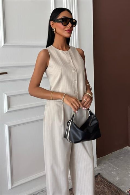 Yelek Plazzo Pantolon Çizgili Flamlı Poliviscon Takım 10178