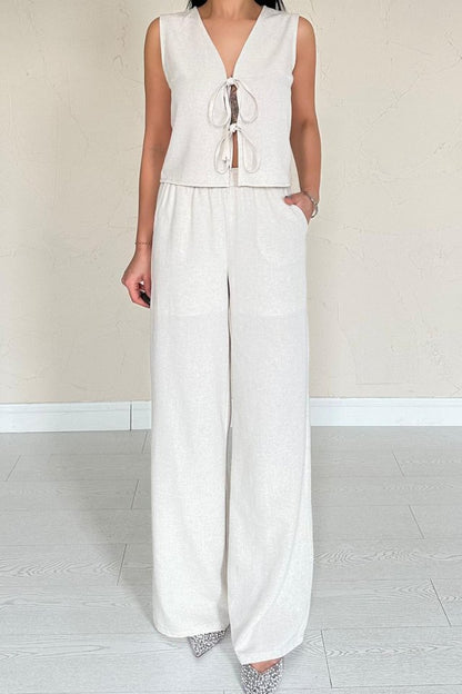 Bej Önü Fiyonklu Keten Takım