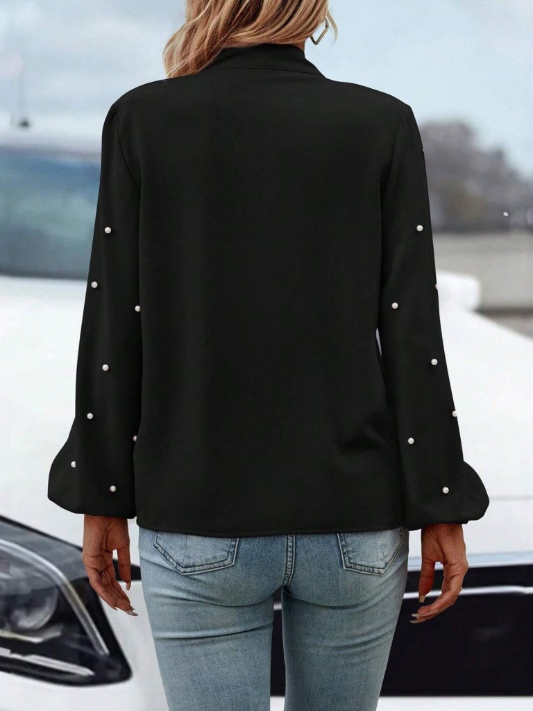 Kadın Uzun Kollu Yakadan Fiyonklu Incili Ithal Krep Bluz