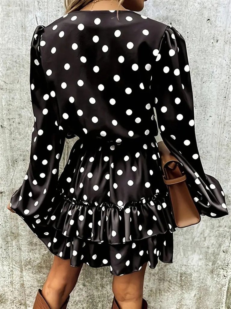 Kadın Uzun Kollu V Yakalı Belden Kuşaklı Puantiyeli Mini Modal Elbise