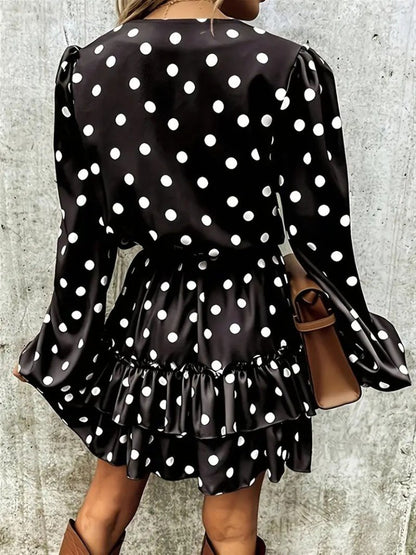 Kadın Uzun Kollu V Yakalı Belden Kuşaklı Puantiyeli Mini Modal Elbise